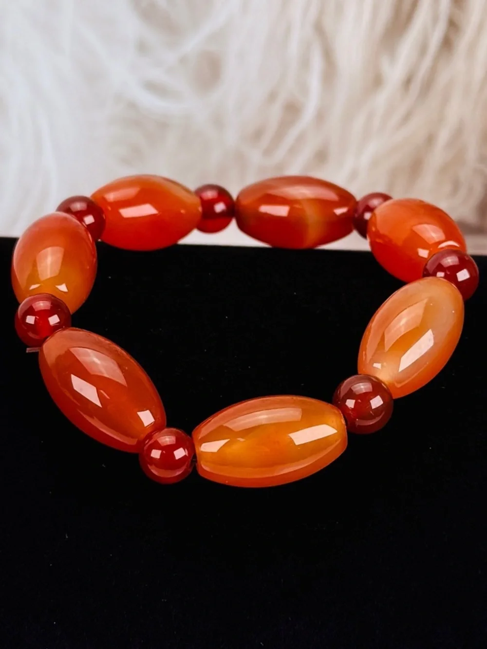 Orange, red agate carnelian stone stretch beaded bracelet